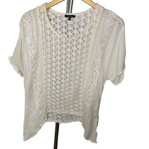 Manteau White Knit Crocheted Cotton Asymmetrical Short Sleeved Sweater Sz M